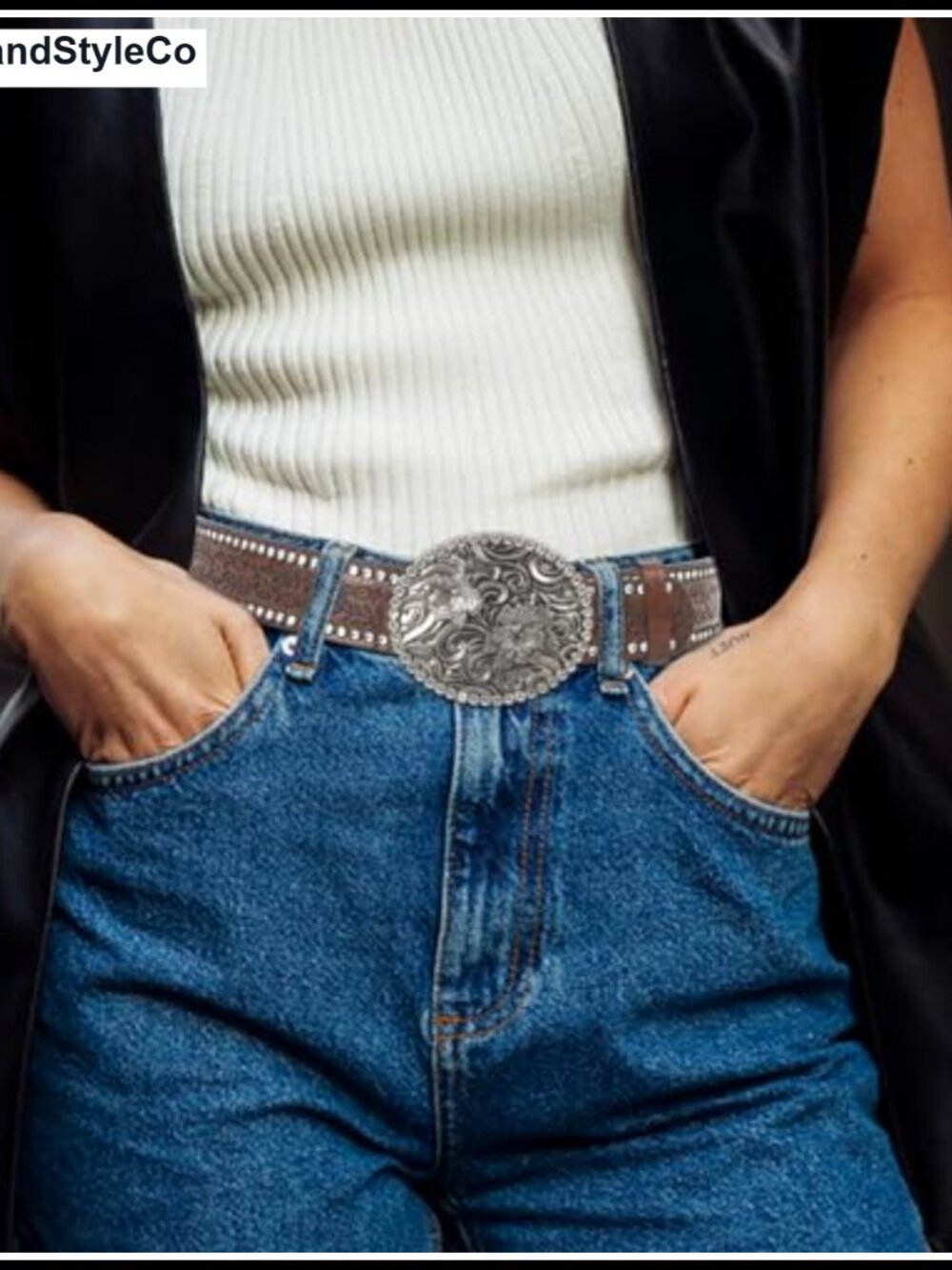PU-Leather Floral Western Belt Diamond Buckle Cowgirl Belt for Women 28-38 Waist - Picture 6 of 6